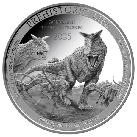 Carnotaurus (Vita preistorica) 2025 - Moneta da investimento d'argento da 1 Oz.