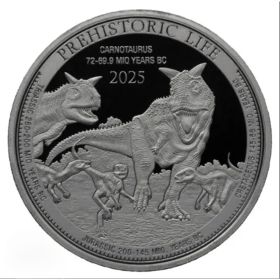 Carnotaurus (Vita preistorica) 2025 - Moneta da investimento d'argento da 1 Oz.
