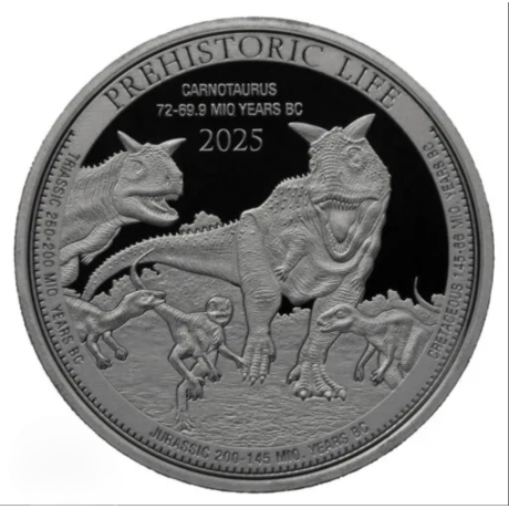 Carnotaurus (Vita preistorica) 2025 - Moneta da investimento d'argento da 1 Oz.