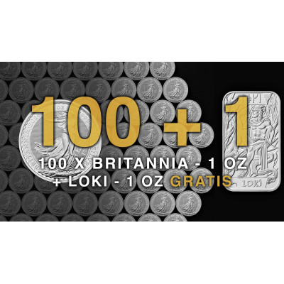 100+1 - 100 Britannia (2026) - Moneta da investimento d'argento da 1 Oz + Lingotto d'argento da 1 Oz LOKI